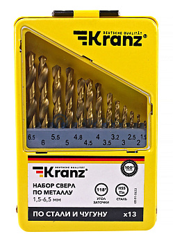 KRANZ набор сверл по металлу, 1,5-6,5 мм (через 0,5 мм, 3,2 мм,4,8 мм), НSS, ТИТАН, цилиндрический х