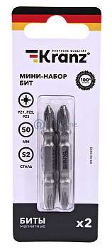 KRANZ мини-набор бит двусторонних PZ2xPZ2, PZ1xPZ3-50 мм (2 биты на блистере)