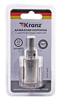 KRANZ коронка алмазная 25 мм, по керамограниту с центровочным сверлом