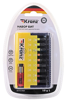 KRANZ набор бит с магнитным держателем, пластиковый кейс, 19 шт