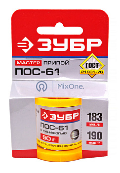 ЗУБР 55450-050-08C припой, ПОС 61, трубка с канифолью, 50 г, 0,8 мм.
