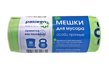 PAKLEEN пакет для мусора зеленый 2 ПНД, 50*60 см, 30 л, 15 мкм, 30 шт.